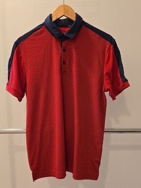 Men's Red Golf Performance Polo with Navy Contrast Collar